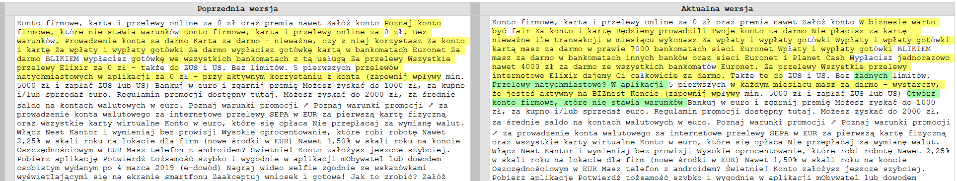 Porównanie diff dwóch wersji oferty konta firmowego — poprzednia i aktualna treść z podświetlonymi różnicami