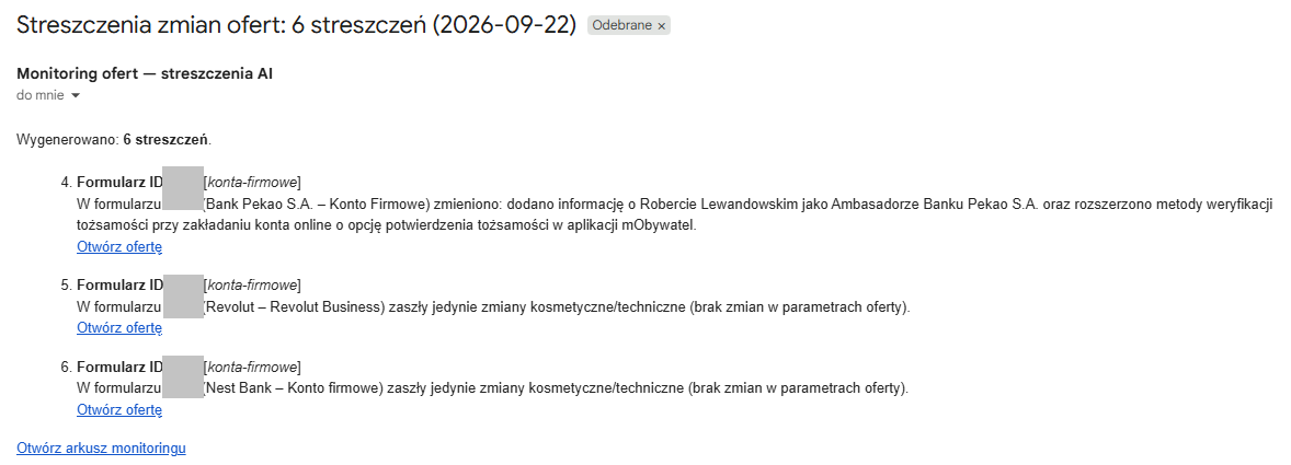 Zrzut e-maila z wygenerowanym przez AI streszczeniem wykrytej zmiany w ofercie konta firmowego