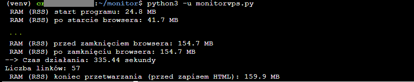 Zrzut terminala z logami zużycia RAM podczas działania skryptu monitorującego oferty bankowe